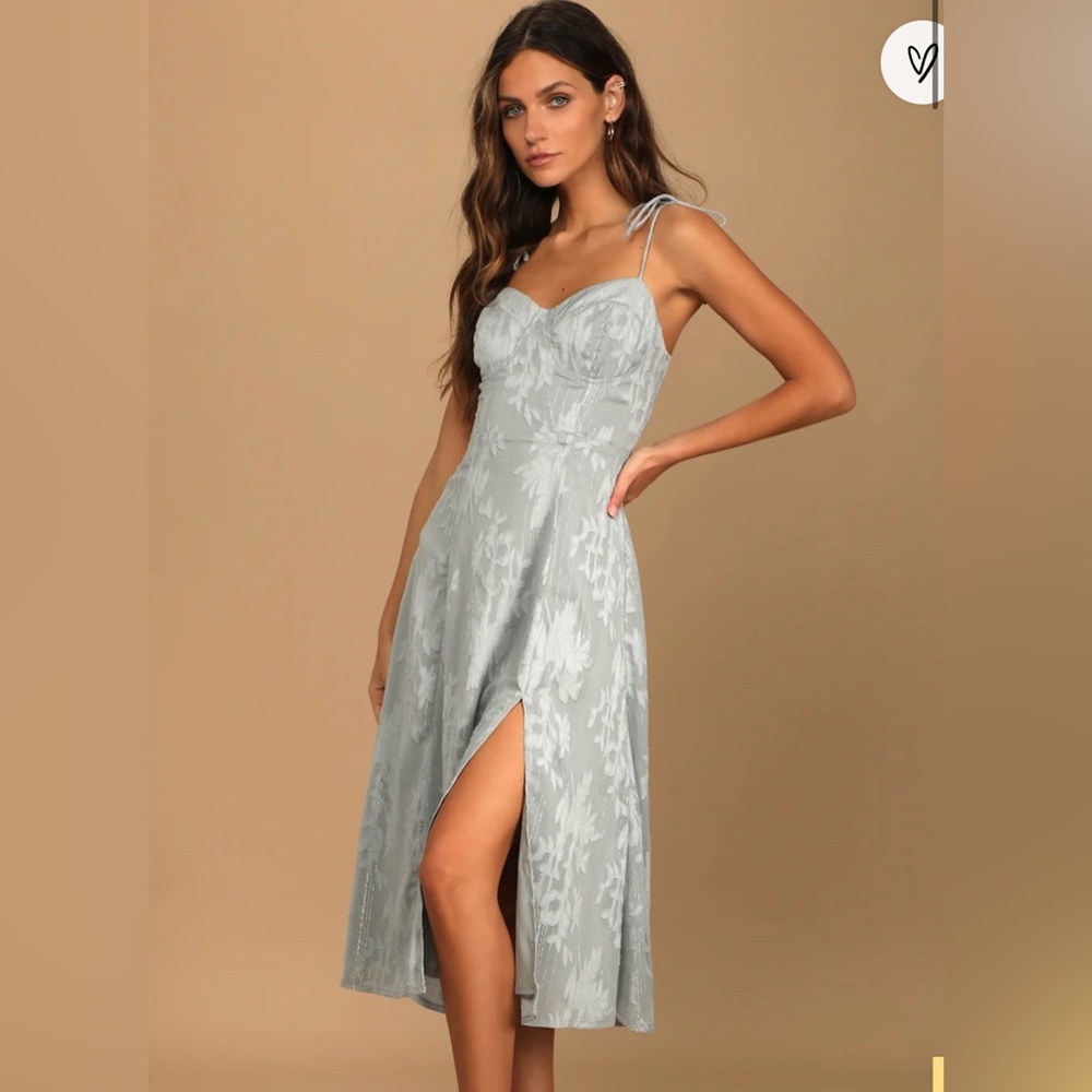 Loveliest Looks Dusty Blue Floral Jacquard Tie-Strap Midi Dress